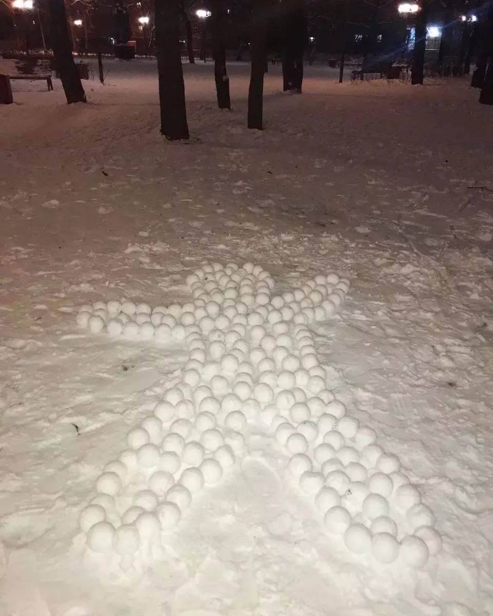 Получившийся арт-объект заметно выделяется на фоне снежного покрова.